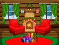 Christmas living room with a tree and fireplace