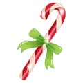 Illustration of Christmas lollipop with bow in cartoon style.Cute candy cane on white background