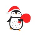 Illustration of Christmas penguin in Santa hat with bag of gifts Royalty Free Stock Photo
