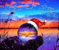 Illustration of a Christmas poster crystal ball with the reflection of the sky and the sea