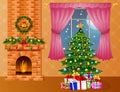 Christmas room interior with fireplace, xmas tree and presents Royalty Free Stock Photo