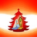 Christmas tree with modern nativity scene. Joseph and Mary with Jesus in her arms on red background Royalty Free Stock Photo