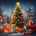 Illustration of a Christmas tree with colorful baubles around presents in the background of houses. Xmas tree as a symbol of Royalty Free Stock Photo