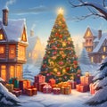 Illustration of a Christmas tree with colorful baubles around presents in the background of houses. Xmas tree as a symbol of Royalty Free Stock Photo