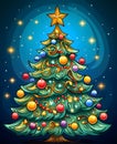 Illustration of Christmas tree with colorful baubles, chains, dark background.Christmas banner with space for your own content Royalty Free Stock Photo