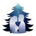 Isolated Christmas tree nativity scene with holy family. Silhouette profile on blue background