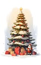 Illustration of a Christmas tree with Red baubles below Santa Claus and a mountain of presents. Christmas card as a symbol of