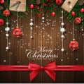 Christmas wooden background with decorations element and red ribbon