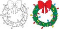 Before and after illustration of a Christmas wreath, color and black and white, perfect for children`s coloring book