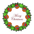 illustration, Christmas wreath of fir branches, decorated with colorful red balls, lettering Royalty Free Stock Photo