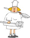 Female chef holding a giant fork and spoon