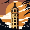 Illustration of a church tower in the middle of the sunset. AI Generated