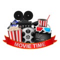 Cinema and Movie time with film reel, popcorn, paper cup, 3d glasses, clapperboard and ribbon. Royalty Free Stock Photo