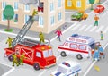 Illustration of a city in one house on fire, firefighters rescue a child from the window, an ambulance picks up the wounded, a lot