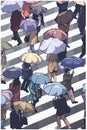 Illustration of city people crossing zebra in snow with umbrellas from high angle view in color