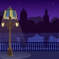 Illustration of city skyline at nigh: quay, fence and lamppost