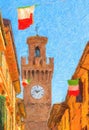 Illustration of city street with houses, tower and Italian flag Royalty Free Stock Photo