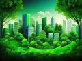 Illustration of a city surrounded by green trees