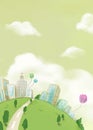 illustration cityscape green meadow landscape with white clouds