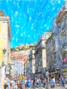 Cityscape of Lisbon district Baixa with its stores and houses. People walking around