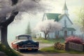 An Illustration of classic car in scenic Vermont style spring time landscape, AI Generated image