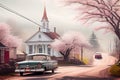 Classic car in scenic Vermont style spring time landscape, AI Generated image