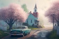 An Illustration of classic car in scenic Vermont style spring time landscape, AI Generated image