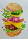 illustration of classic and double beef burgers in exploded view. Realistic cheeseburgers with flying ingredients with Royalty Free Stock Photo