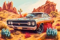 An Illustration of classic muscle car in the desert, AI-generated image
