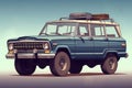 Illustration of a Classic Off Road Box Shape Blue SUV, Sport Utility Vehicle, Generative AI