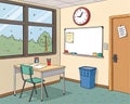 Illustration of a classroom with desk chair whiteboard clock and view through a window outside Royalty Free Stock Photo