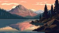 Illustration Of Cliff Scene With Mountains And Lake Royalty Free Stock Photo