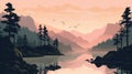 Illustration Of Cliff Scene With Mountains, Lake, And Trees Royalty Free Stock Photo