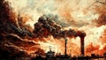 illustration of climate change process, dark clouds overcoming the sky with industry, ai generated image