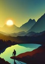 An Illustration of a Climber in a Stunning Mountain Landscape At Sunset Royalty Free Stock Photo