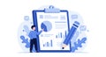 Illustration of a clipboard with a large data report featuring graphs, charts, and text.