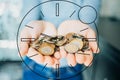 Illustration of a clock on the background of a handful of coins in female hands. Time is money