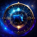 Illustration of a clock with a bull on a dark blue background generative AI Royalty Free Stock Photo