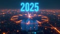 Illustration of a clock displaying the year 2025 in a futuristic digital style. Midnight is marked with glowing light effects. Royalty Free Stock Photo