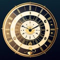 Illustration of a clock face in gold on a dark background. AI generated Royalty Free Stock Photo