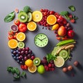 Illustration of clock with fresh fruits and vegetables on dark background. Healthy food concept, balanced diet, intermittent Royalty Free Stock Photo