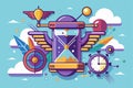 An illustration of a clock with wings surrounded by various objects, Time flies Customizable Disproportionate Illustration