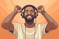 Illustration close-up of cheerful young African American man wearing shirt listening to music in headphones and dancing on orange Royalty Free Stock Photo