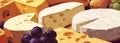 Illustration of a close-up on a cheeseboard with different types of cheese, such as cheddar, brie and camembert, with Royalty Free Stock Photo