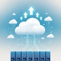 Illustration of cloud computing concept. Large central cloud icon with upward arrows Royalty Free Stock Photo
