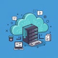 Illustration of cloud computing technology. A large, stylized cloud hovers above a Royalty Free Stock Photo