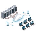 Cloud computing network infrastructure with servers and laptops Royalty Free Stock Photo