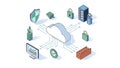 An illustration of cloud computing with various security and data storage icons connected to a central cloud Royalty Free Stock Photo