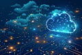 Cloud technology background with circuit board, blue color theme, glowing cloud icon on the right side, high resolution, flat ill Royalty Free Stock Photo