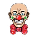The clown with the skinny head and big smile using the big red tie